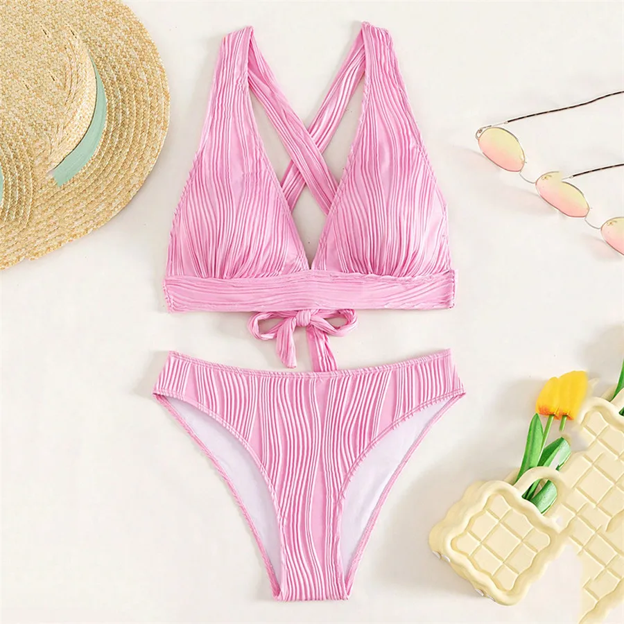 Sexy Pink High Waisted Bikini Set Texture Swimwear Women 2024 Push Up Swimsuit Back Cross Kontted Strój kąpielowy Bikinis Mujer