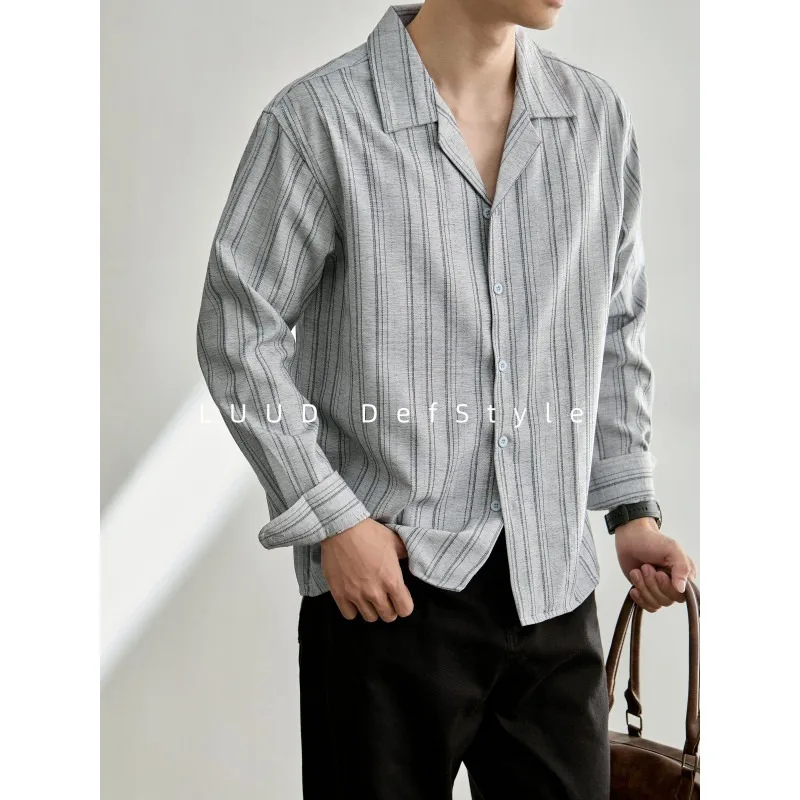 Brand Autumn Retro Striped Long Sleeved Shirt Men Loose Cuban Collar Casual Business Shirt Social Streetwear Men's Clothing