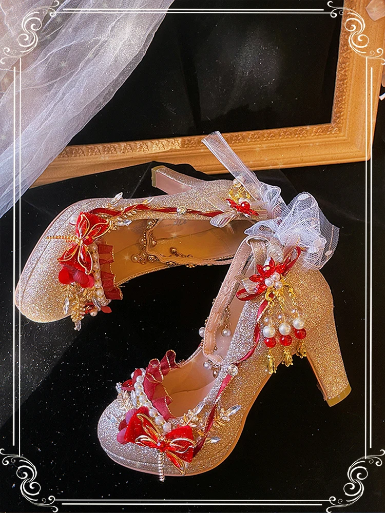 Zapatos de estilo chino Lolita para mujer, zapatos hechos a mano Xiuhe, tacón grueso redondo, Boda nupcial