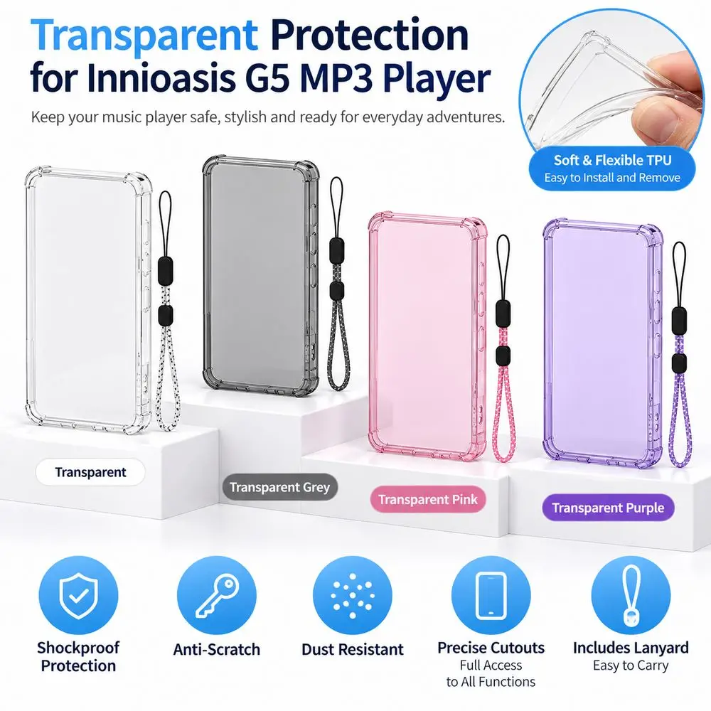 Transparent Protective Case Soft TPU Shockproof MP3 Player Cover with Lanyard Anti-Scratch for Innioasis G5 MP3 Player