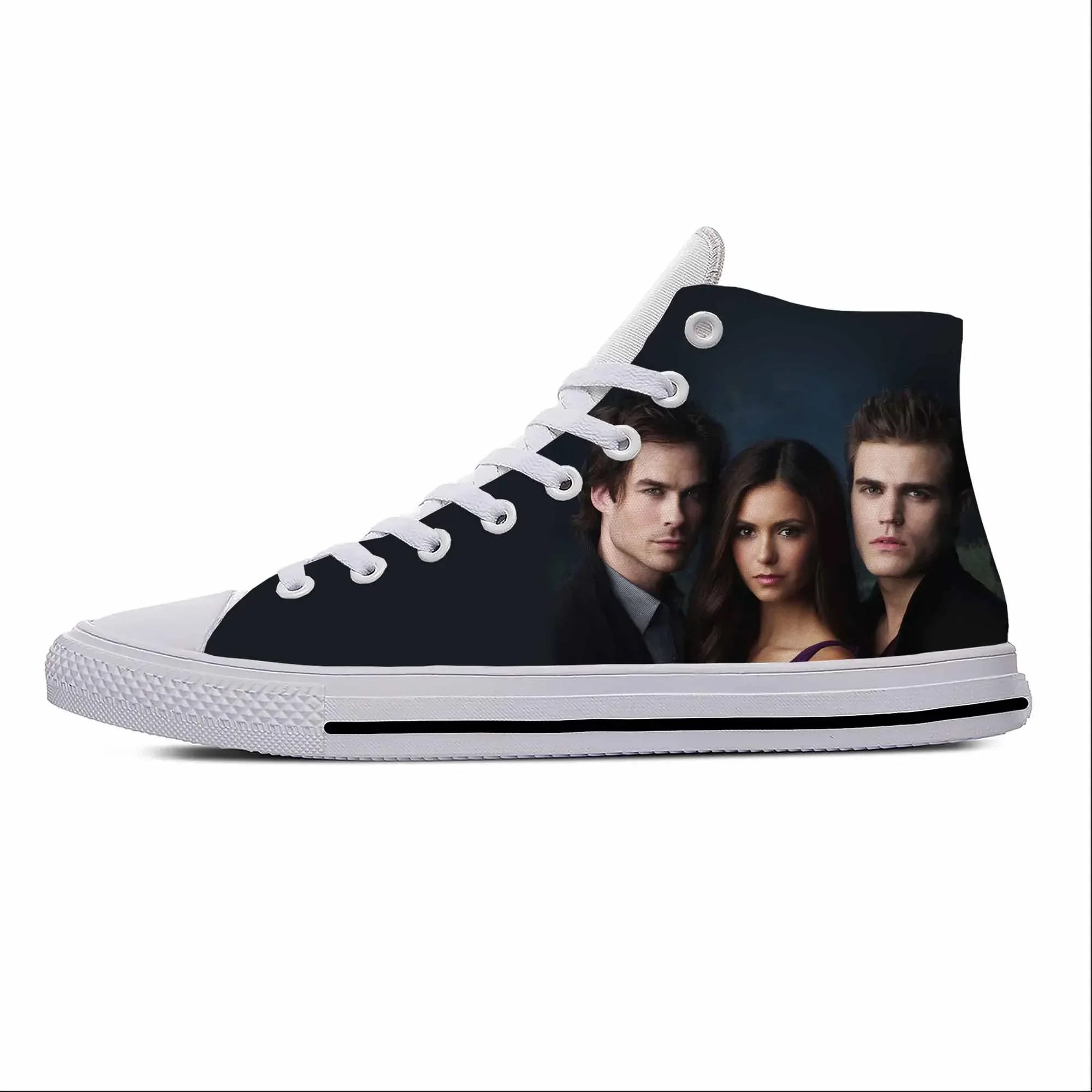 Anime dos desenhos animados o vampiro diários damon salvatore sapatos de pano casuais alta superior leve respirável impressão 3d tênis das mulheres dos homens