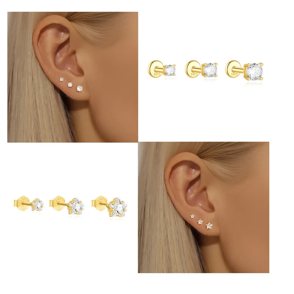 KO 925 Sterling Silver Gold 3-Piece New Exquisite Round Pentagram Zircon Light Luxury Women Piercing Earring Set Jewel Gift