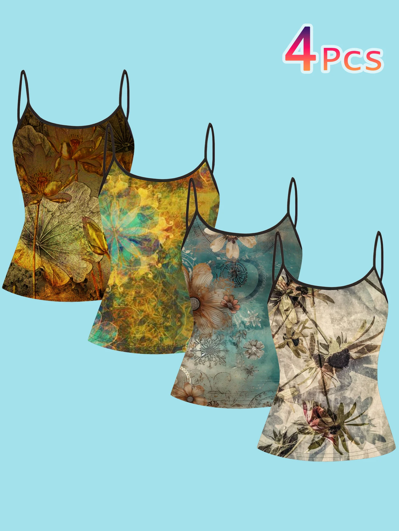 4-Piece Set of Vintage Floral Oil Painting Spaghetti Strap Camisoles for Women, Niche Forest Style, Slim Fit, Can Be Worn as an Inner Layer or Outerwear