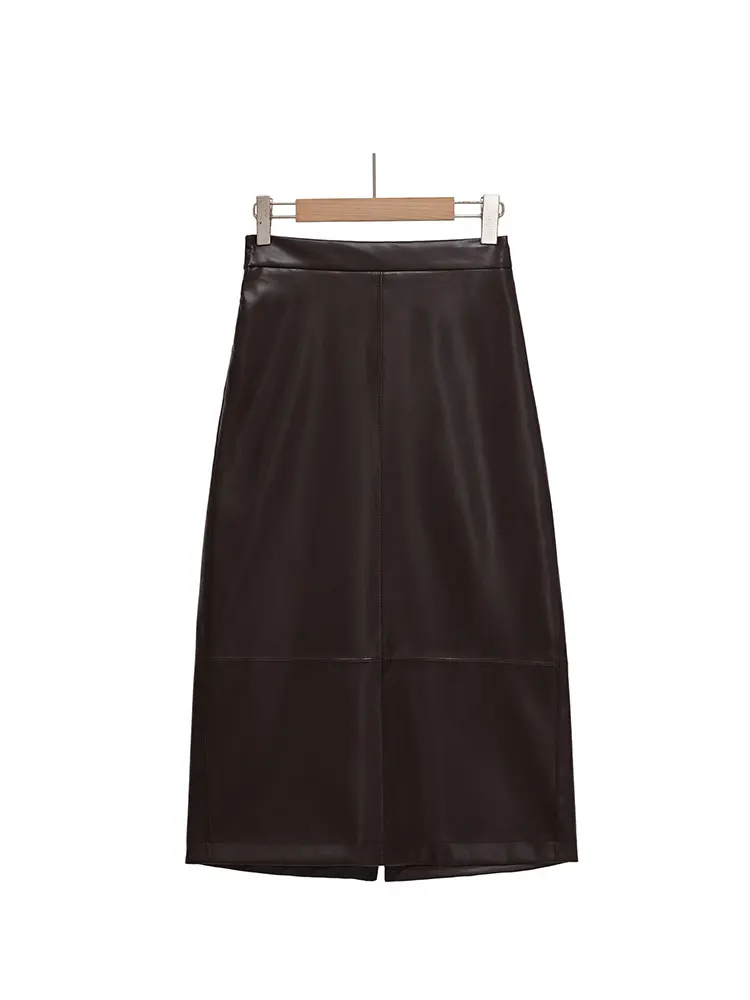 NLZGMSJ falda de Pu de otoño 2025 para mujer, faldas largas a la moda, faldas por debajo de la rodilla de Color sólido para oficina, falda elegante de fiesta de cintura alta