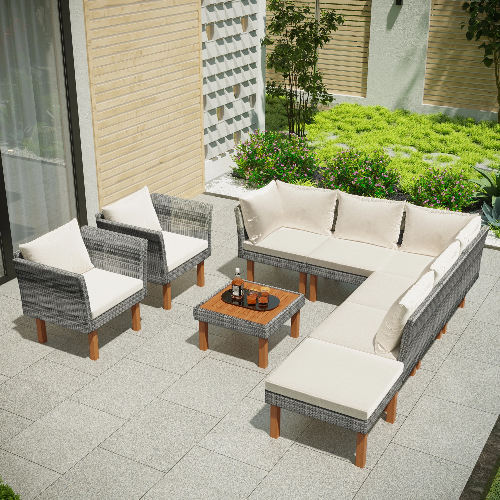 

9Pcs Outdoor Patio Garden Wicker Sofa Set Gray PE Rattan Wood Legs Acacia Wood Tabletop Armrest Chairs W/Beige/Grey Cushions