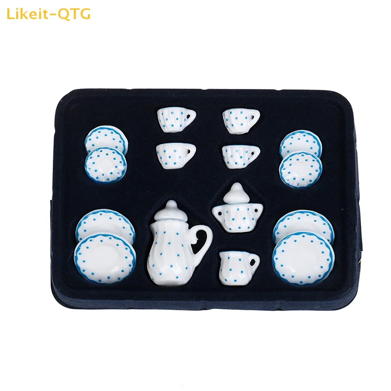 

NEW 15Pcs 1:12 Dollhouse miniature blue dot tableware porcelain coffee tea cups set