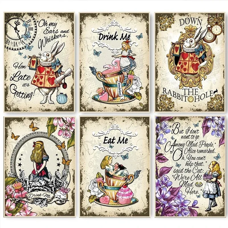 Vintage Alice In Wonderland Fairy Tale Story Book Cover Posters Prints Canvas Printing Princess Rabbit Picture Girl Room Deocr