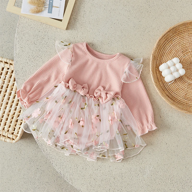 

Suefunskry Baby Girls Romper Dress, Long Sleeve Crew Neck Flower Bow Tulle Bodysuit Clothes for Daily Party 0-18Months