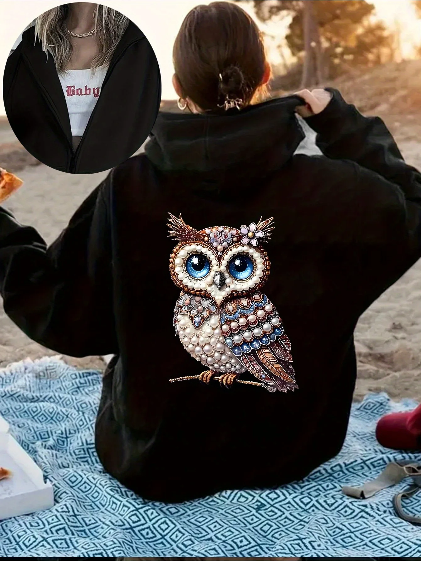 Sweat-shirt à capuche et fermeture éclair pour femme, chaud et ample, décontracté, imprimé, en daim léger, manches longues, automne et hiver