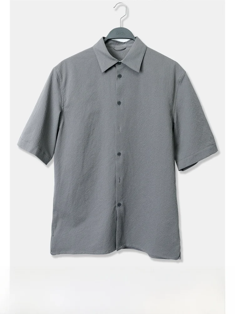 

Summer New Men's Simple Bubble Cloth Loose Cool Feeling Turn-down Collar Short Sleeve Shirt Polyester Fiber Youth Fashion
