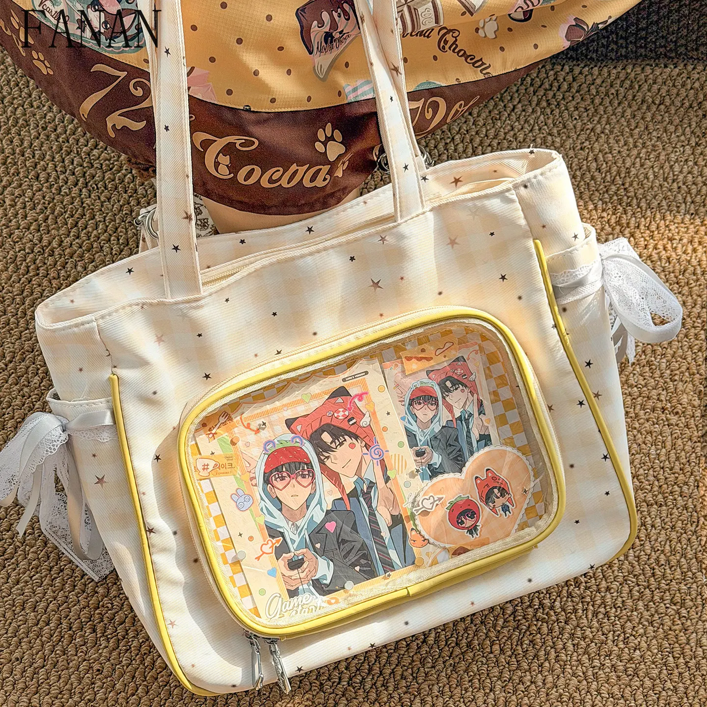 

Kawaii Large Capacity Shoulder Bag Transparent Pocket Tote Bag for Women Harajuku Anime Badge Display JK Women's Handbags