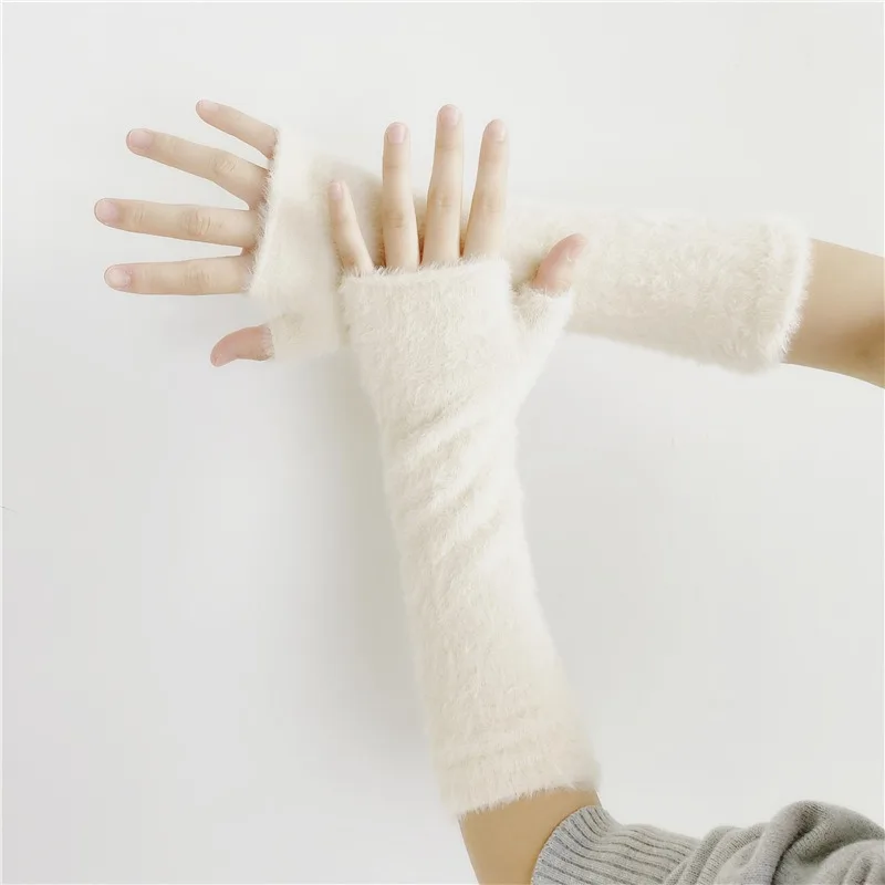 New Multi-color Women\'s Solid Color Plush Half Sleeve Arm Sleeve Cover Long Fake Sleeve Winter Wrist Protection Warm Half Finger