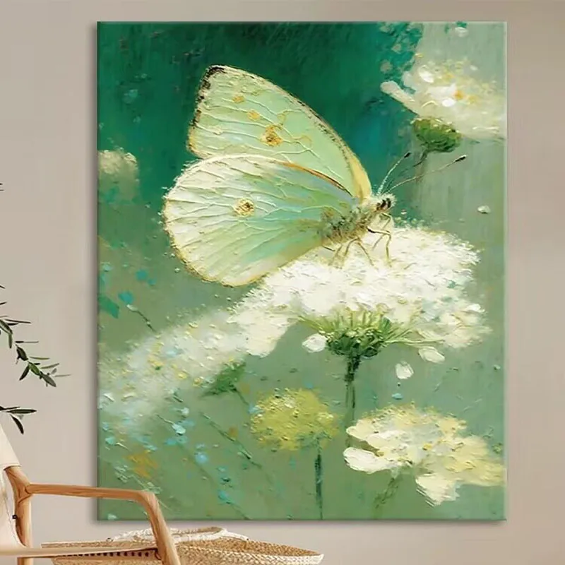 Light Luxury Green Art Hand Drawn Oil Painting Butterfly Dandelion  Living Home Decoration Bedroom Dining Room Sofa background