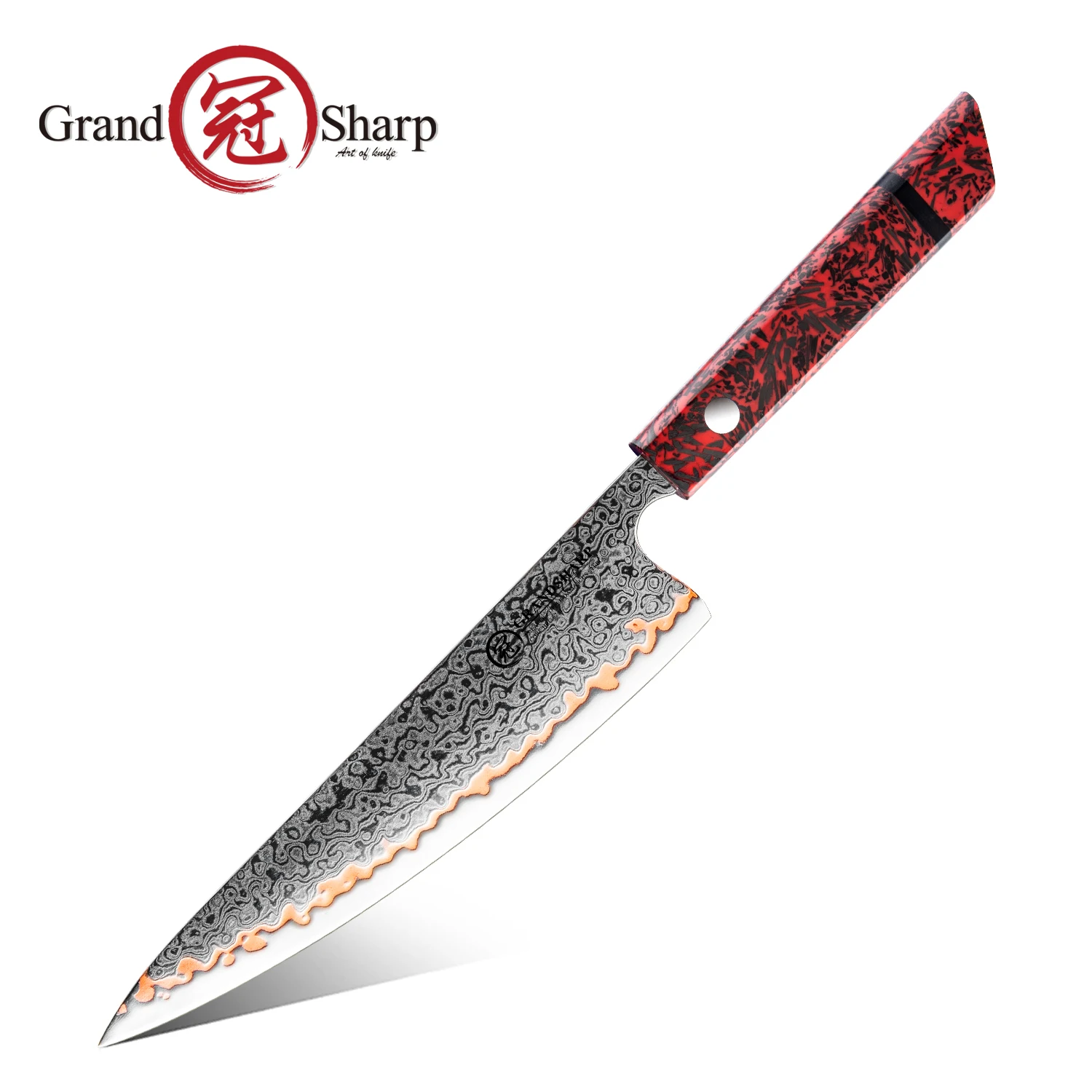 

Grandsharp 8-дюймовый профессиональный нож шеф-повара дамасский 55-слойный медный стальной лезвие красная смола ручка из углеродного волокна кухонный инструмент