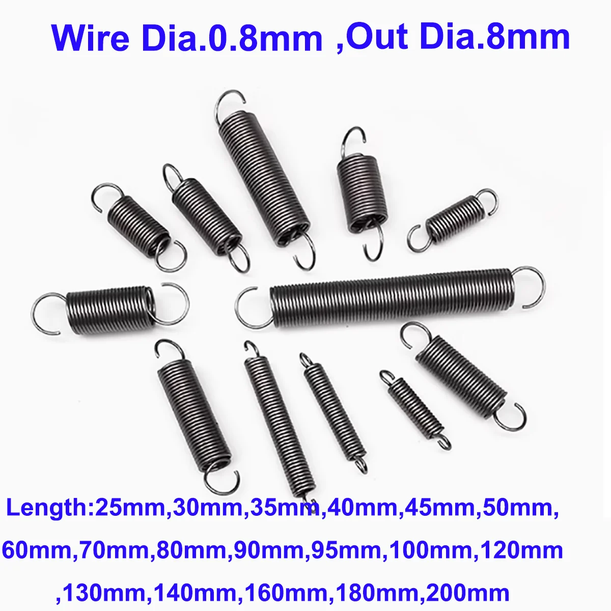 

15pcs Wire Dia. 0.8mm Expansion Springs Extension Springs OD 8mm Length 25/30/35/40/45/-100/120/200mm Spring Steel Hook ends