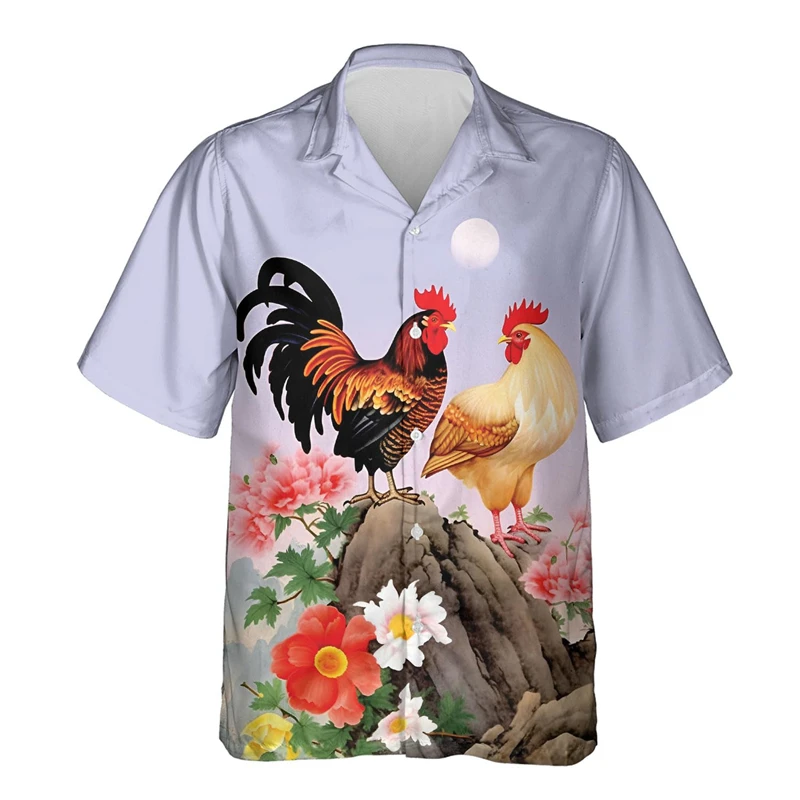 Chicken Hawaiian Shirts For Men Clothes Poultry Casual Button Down Short Sleeve Shirt Great Rooster Lapel Blouse Man Streetwear