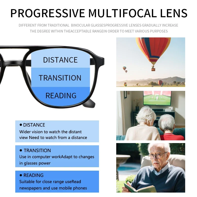 Photochromic Progressive Multifocal Reading Glasses Men Photochromic Lens TR90 Black Rectangle Seamless Transition Sunglasses