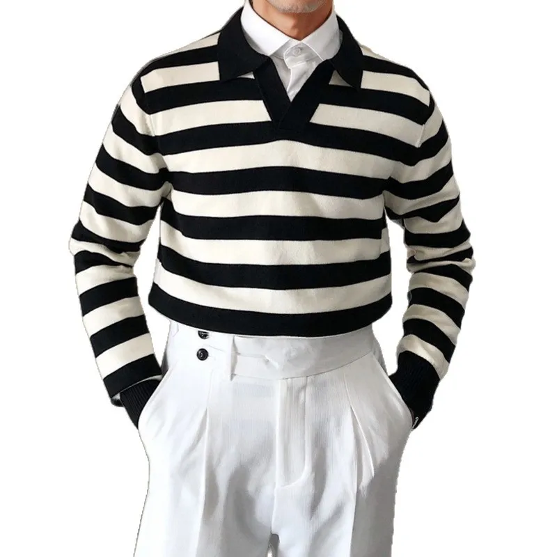 Nowa męska bluza na jesień i zimę 2025, czarno-biała w paski, z kołnierzykiem, biznesowa, codzienna, uniwersalna, ciepła warstwa wewnętrzna, modny top.