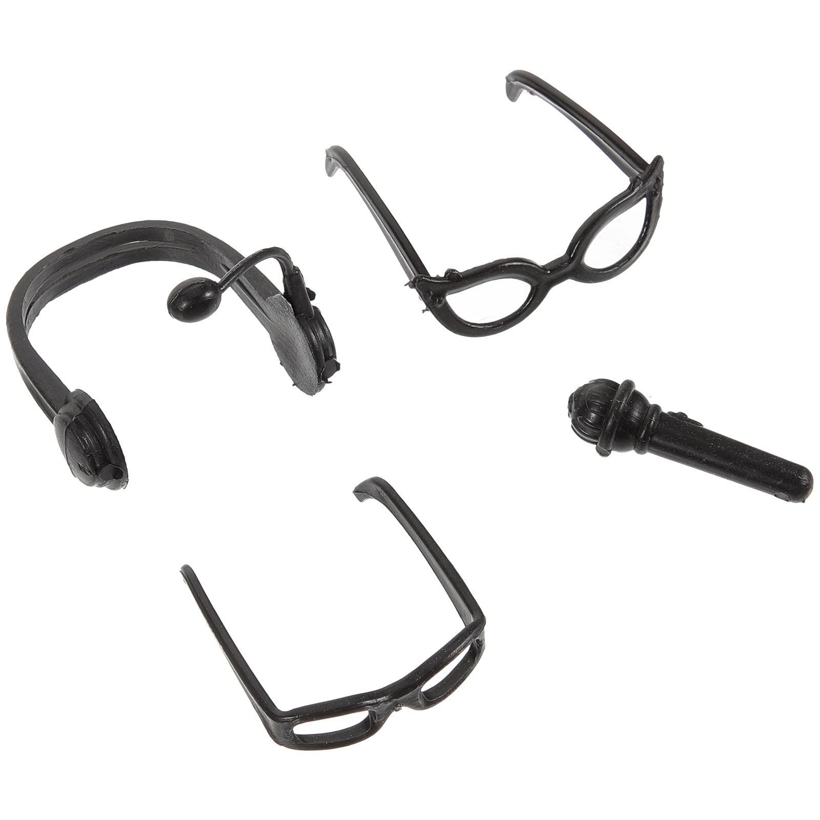 4-delige zwarte muziekset voor miniatuur rockstijl accessoires hoofdtelefoon brillen microfoon plastic decor fantasiespel