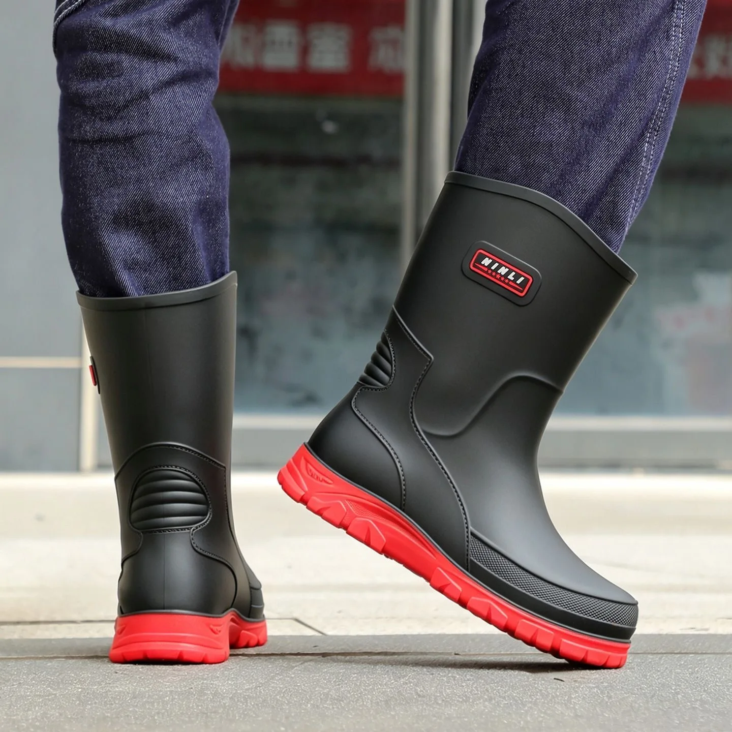 Outdoor-Arbeitsstiefel im Britischen Stil, Rutschfest, Wasserdicht, mit Kordelzug, Trommelmund-Design, Vier-Jahreszeiten-Universal-Regenstiefel für Herren – Detail 3