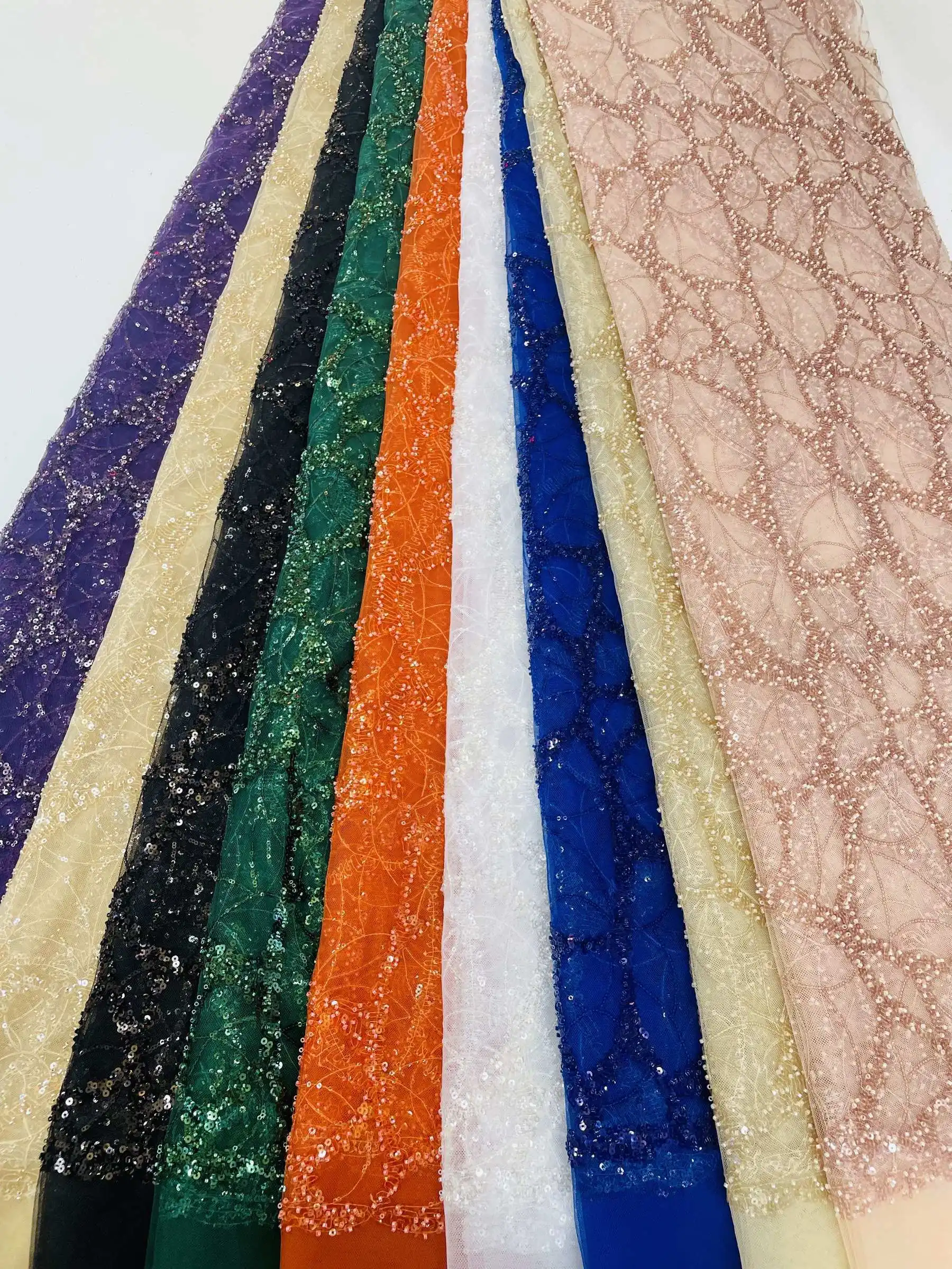 

Luxury African Heavy bead Lace Fabric New High Quality 5 Yards Nigerian Sequins French Tulle Fabric Material For Wedding Party