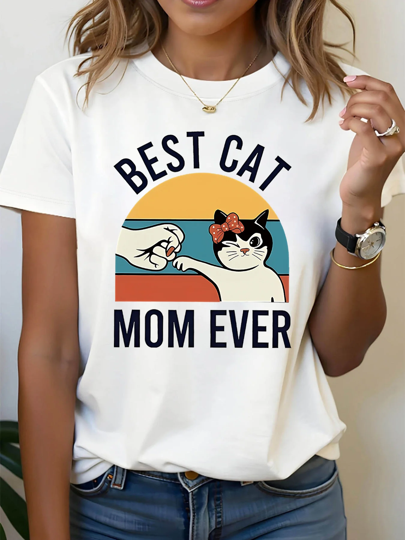 

Women's Short Sleeve T-shirt Funny Cat BEST CAT MOM EVER Letter Print Crew Neck Casual Daily Top for Summer & Spring