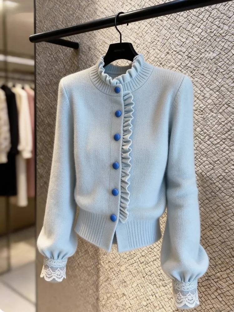 Light Blue Casual Style Women's Knitted Sweater Spring 2026 Commute Comfortable Breeze Floral  Open Cardigan Regular Fit