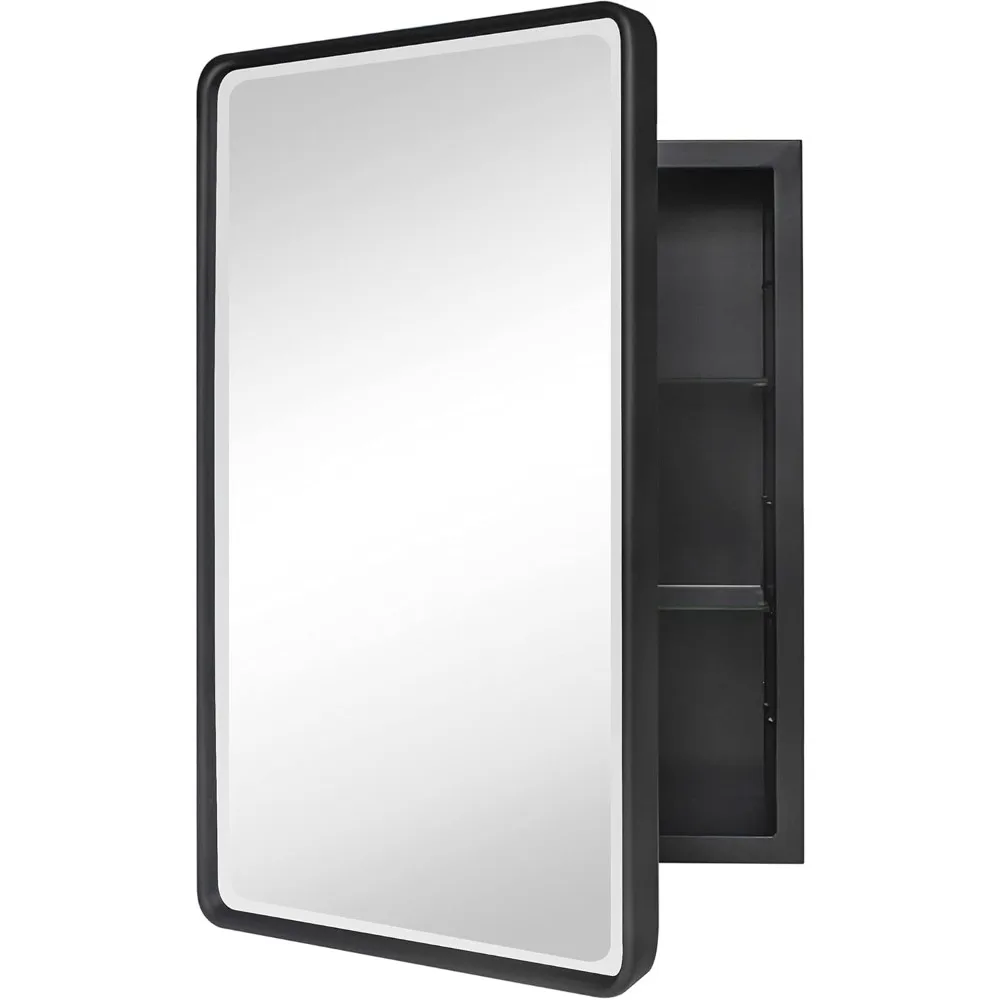 Farmhouse Black Metal Framed Recessed Bathroom Medicine Cabinet with Beveled Mirror Rounded Rectangle Bathroom Medicine Cabinet