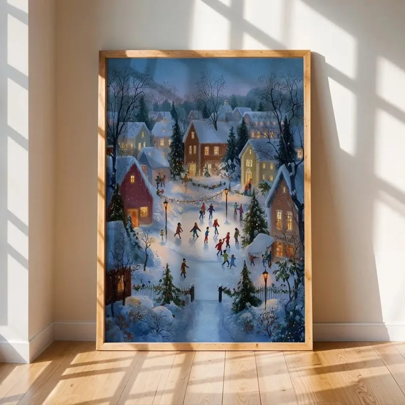 Vintage Winter Christmas Village Canvas Wall Art Snow Town Kids Ice Skating Holiday Scene Home Wall Print Unframed Canvas Poster