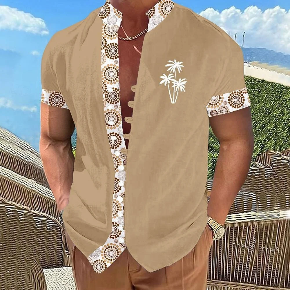 Nueva camisa de lino de manga corta estilo vacacional para hombre, verde y amarilla a cuadros, informal y con contraste.