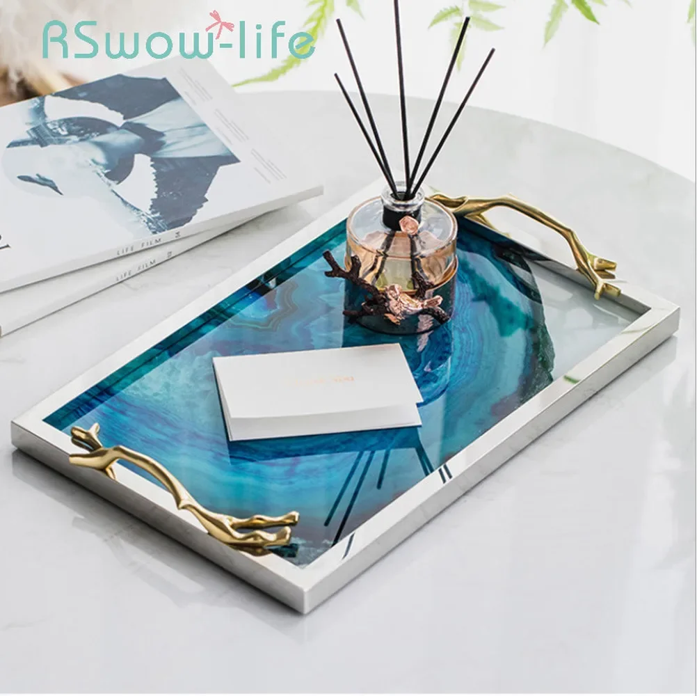 

Modern Light Luxury Lake Blue Agate Pattern Rectangular Living Room Kitchen Glass Cup Tray Table Storage Tray Serving Platter