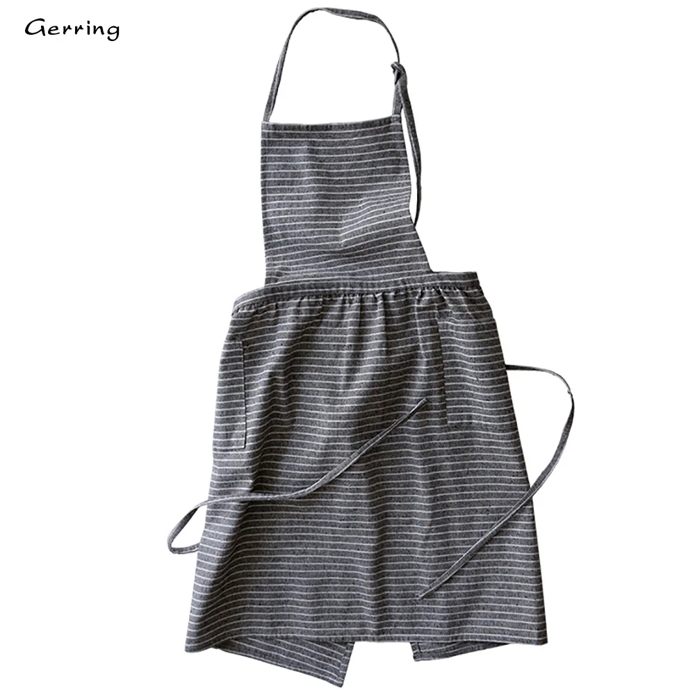 Gerring Apron Cooking Stripe Pleated Kitchen Apron Dress Linen Sleeveless Coveralls Chef Waiter Cafe Shop BBQ Tablier Delantal