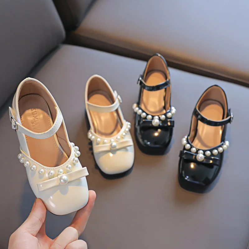 

Princess Pearl Bow Leather Wedding Shoes White Children's Mary Janes Big Girls Dance Footwear Fashion Spring Autumn Kids Loafers