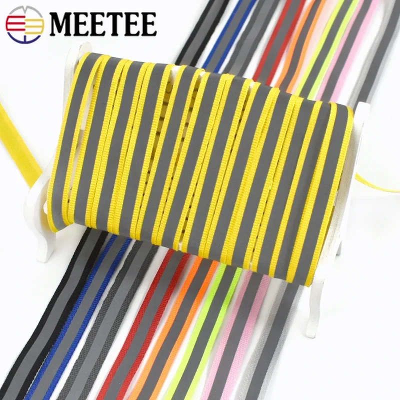 50Yards Meetee 10mm Reflective Nylon Webbing Safety Warning Band Fluorescent Silver Ribbon Uniform Garment Decor DIY Accessories