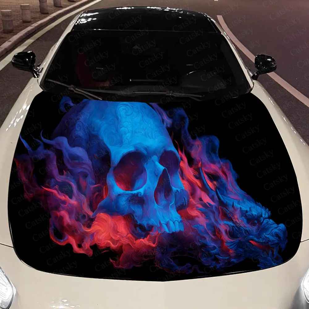 

Blue - Red Flame Skull and Dragon Auto Cover Sticker, Waterproof and Self-adhesive Auto Hood Decal, Auto Vinyl Wraps, Cool Car E