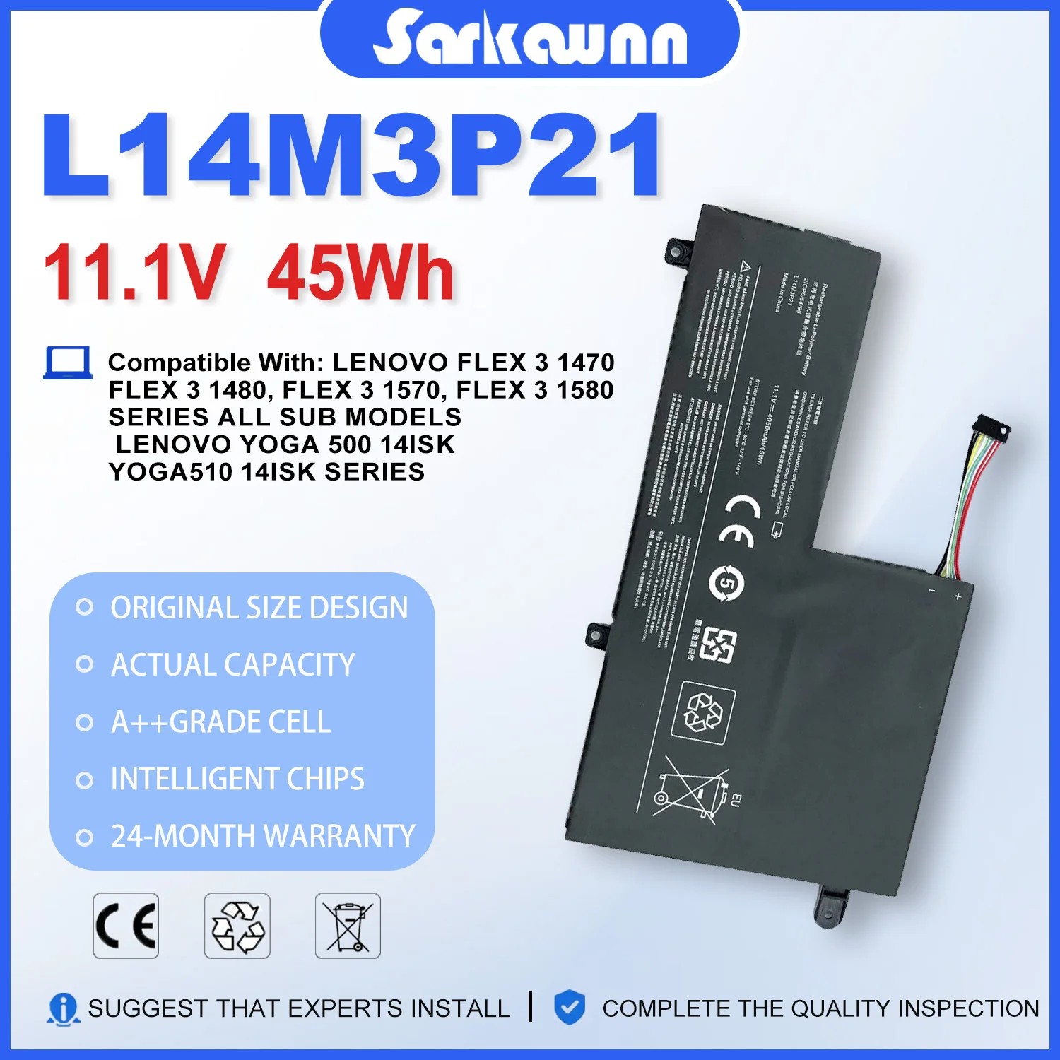 SARKAWNN L14M3P21 L14L3P21 Laptop Battery for LENOVO Edge 2-1580 Flex 3 1470 XIAOXIN I2000 FLEX 3-1580
