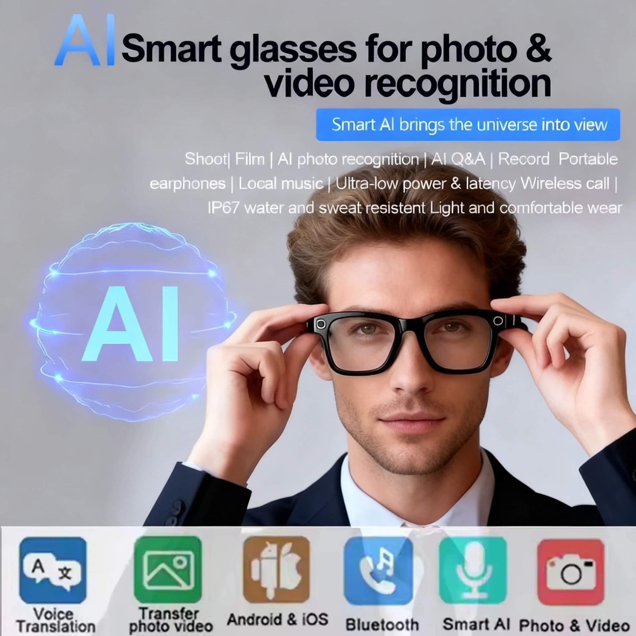 

Smart Glasses Fashion Sunglasses For Men Women Bluetooth Call 1080P HD Translation Camera Music Headphones Sports AI Glasses