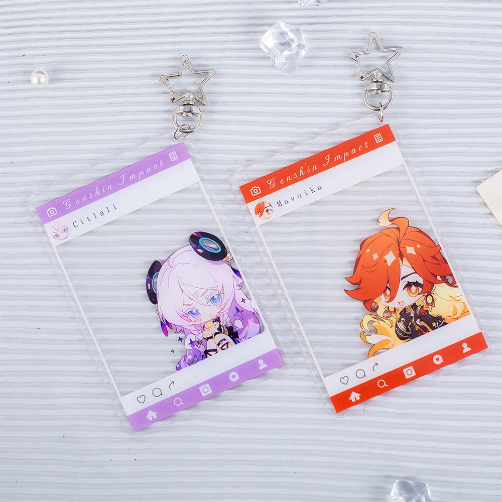 Game Genshin New Keychain Ororon Mavuika Cute Cartoon Anime Group Photo Transparent Card Pendant Keyring Backpack Jewelry Gift