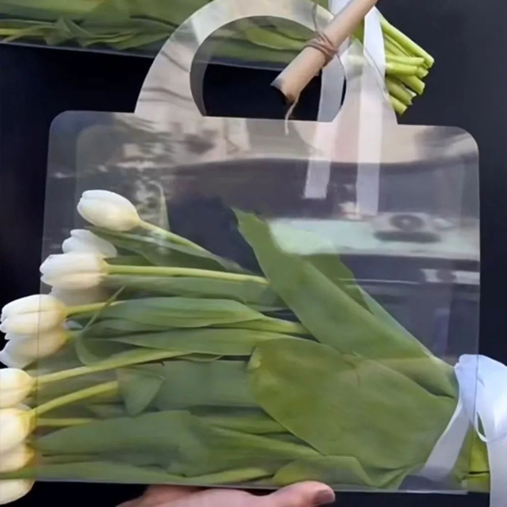 3 Pieces Transparent PET Flower Bouquet Bag with Handle Waterproof Flower Packing Bag Integrated Romantic Gift Container - view 4