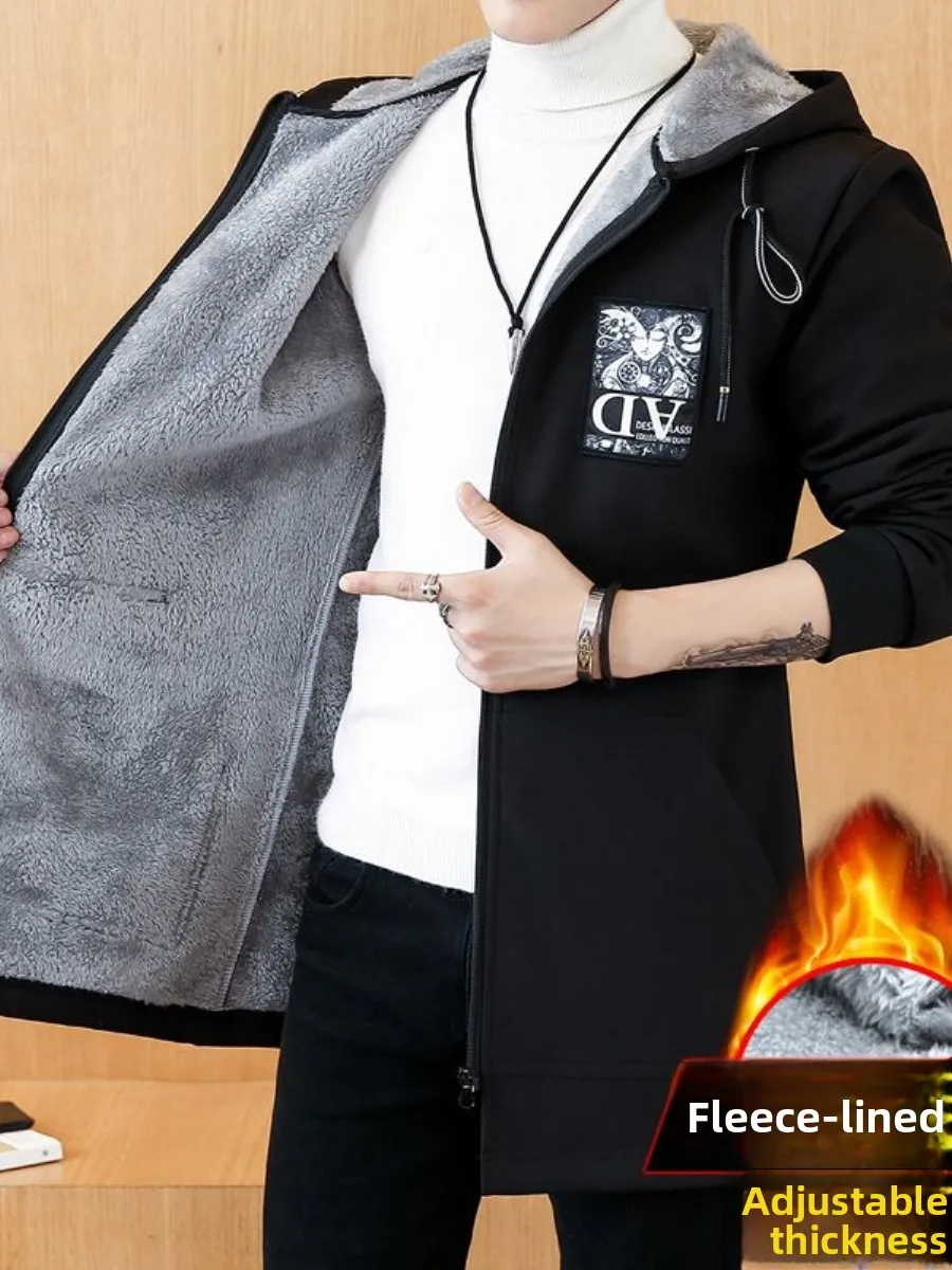 

Thiened Fce Lined Hooded Men's Long Coat Autumn Winter Korean Sle Warm Jaet Outerwear Casual Wear for ly
