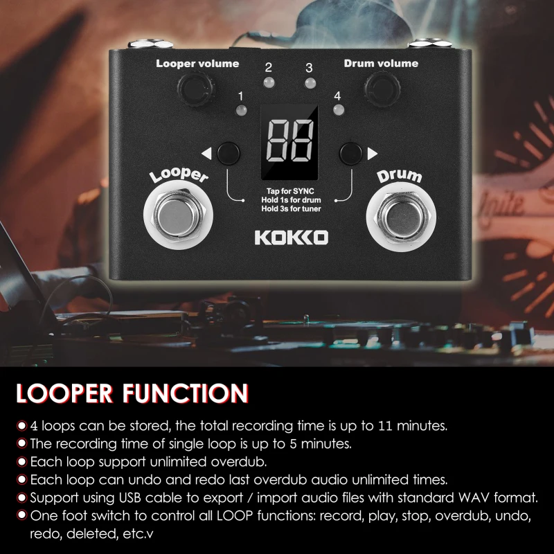 KOKKO FLD-1 Multifunctional Drum Machine & Looper Effect Pedal Digital Tuner BT Page-Turner Phrase Loop Recording Compact Pedal