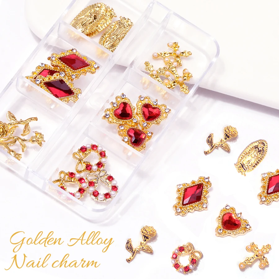 Luxury Retro 6 Grids Mixed Red Crystal Gold Color Nail Charms Gothic Rose Heart Bow Cross 3D Metal Nail Art Jewelry Accessories