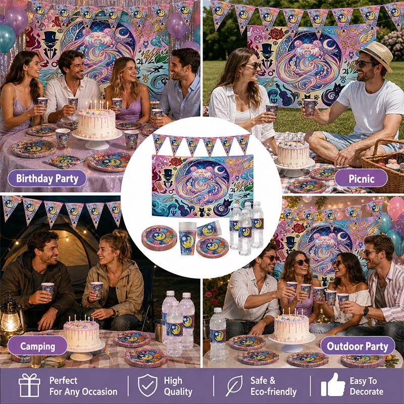 Bunte Sailor Moon Themen-Pappteller, Becher und Strohhalme im Cartoon-Stil für Familienfeiern, Geburtstagspartys und Geschenksets – Detail 3
