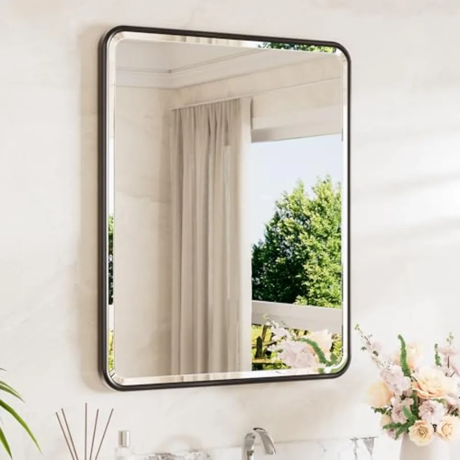 

Black Bathroom Mirror 24 x 30 Beveled Edge Tempered Glass, Rounded Corner Rectangle Bathroom Mirror for Over Sink for Modern Ba