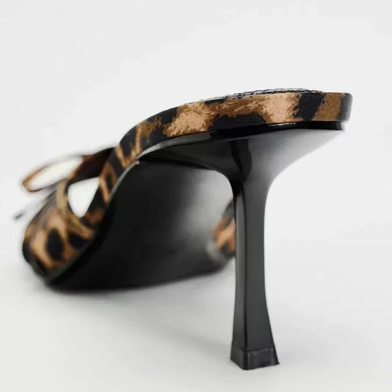 Leopard High Heels Slippers Women Bow Shoes Sexy Dress Sandals 2024 Summer New Slides Casual Pumps Walking Cozy Mujer Flip Flops