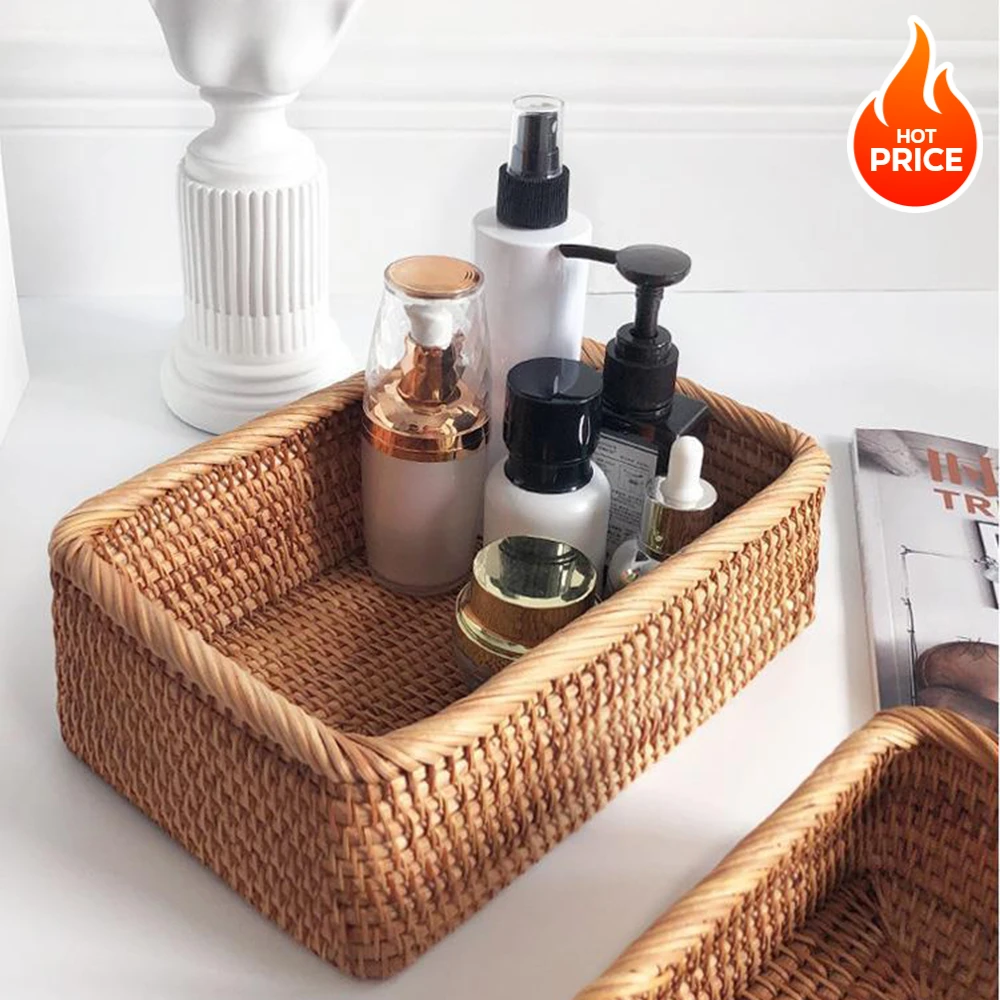 Handwoven Rectangular Rattan Wicker Basket Fruit Tea Snack Bread Picnic Cosmetic Storage Box Kitchen Supplies Household Tools