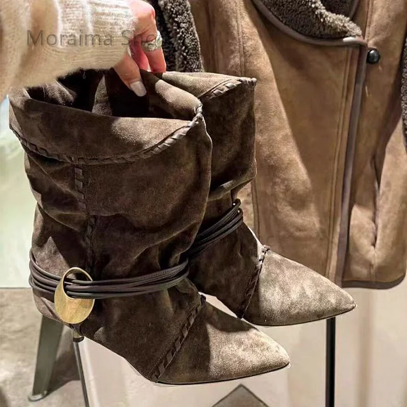 

Pointed Pleated Frosted Mid Calf Boots for Women Autumn Winter New Women's Thin Heel Short Boots Retro Western Cowboy Boots