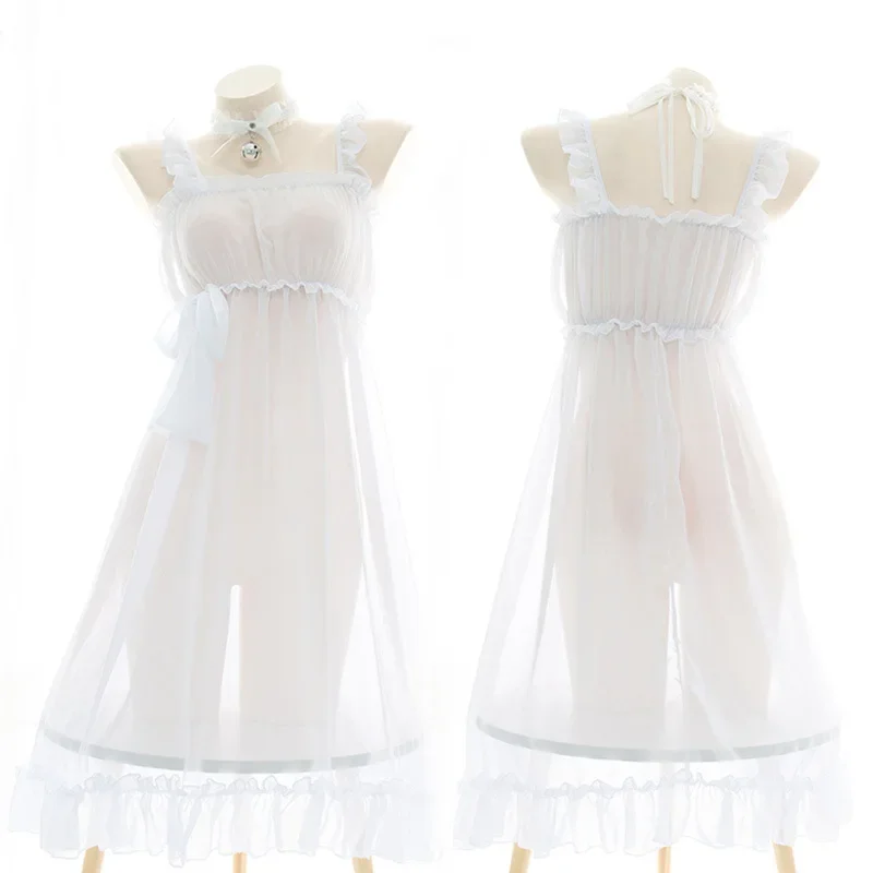 See-through chiffon dress women sexy sling skirt Lolita Girls cute bride cosplay costume erotic lingerie pajamas with collar set