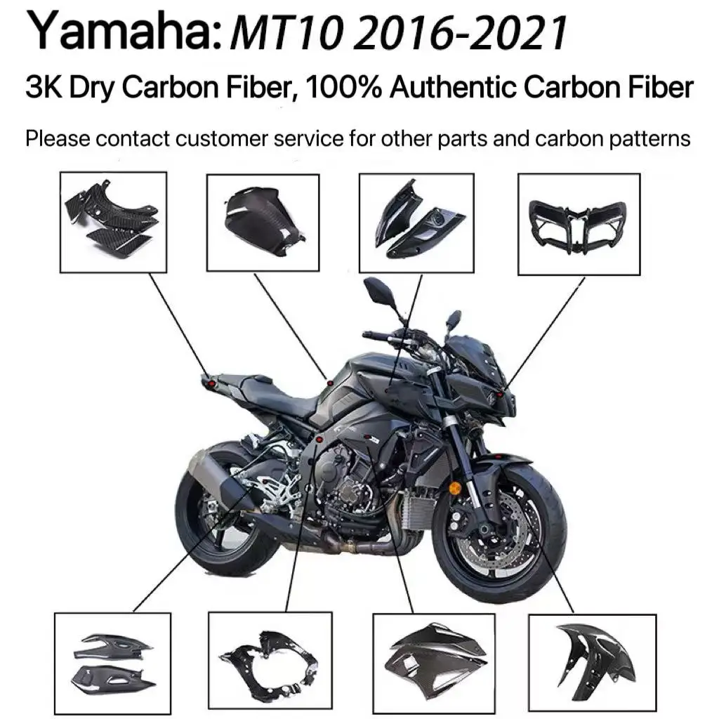 

Suitable for Yamaha MT10 FZ10 models from 2016 to 2021. Modified carbon fiber fairing exterior parts. 3K dry carbon.