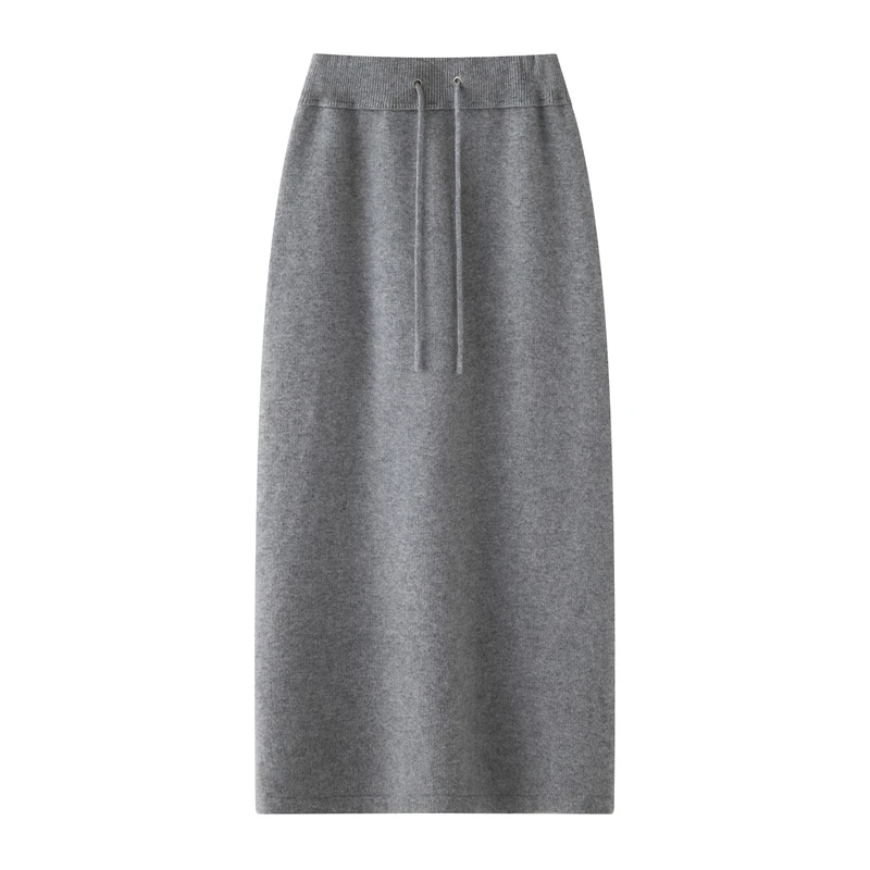 

Women Pure Cashmere Long Skirts Autumn Winter Straight Ankle Length Thick Skirts 100% Cashmere Knit Drawstring and Split Skirts